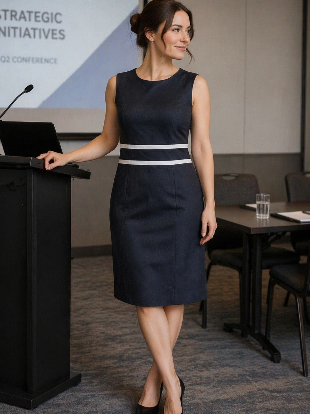 Evan Picone Black Lable Sleeveless Black Sheath Dress with White Waist Stripes